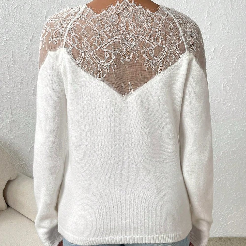 White Casual Womens Eyelash Lace Panel Raglan Sleeve Sweater - Picture 3 of 5